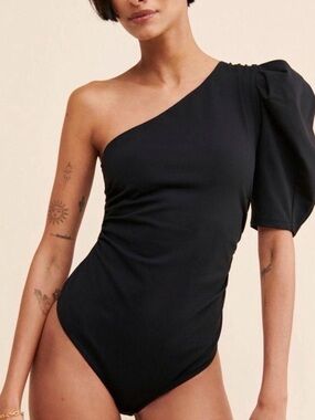 Free people somethin about you One-Shoulder Black Puff-Sleeve Bodysuit